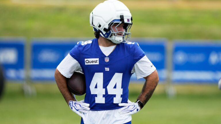 New York Giants running back Cam Skattebo practices during training camp, Wednesday, July 29, 2026, in White Sulphur Springs, W.Va. (Chris Carlson/AP)