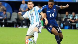 Argentina's Lionel Messi controls the ball while defended by Cape Verde's Deroy Duarte during the World Cup Round of 32 soccer match between Argentina and Cape Verde in Miami Gardens, Fla., Friday, July 3, 2026. (Chris Carlson/AP)