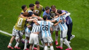 Argentinian players celebrate after Enzo Fernandez (24) scored their third goal during the World Cup round of 16 match between Argentina and Egypt in Atlanta, Tuesday, July 7, 2026. (Chris Carlson/AP)