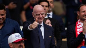 FIFA president Gianni Infantino attends the World Cup quarterfinal soccer match between Norway and England in Miami Gardens, Fla., Saturday, July 11, 2026. (George Walker IV/AP)
