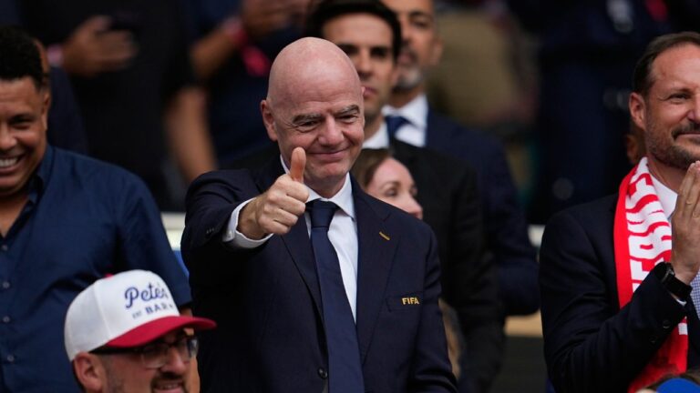 FIFA president Gianni Infantino attends the World Cup quarterfinal soccer match between Norway and England in Miami Gardens, Fla., Saturday, July 11, 2026. (George Walker IV/AP)