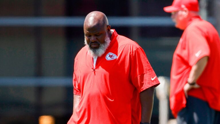 Kansas City Chiefs offensive coordinator Eric Bieniemy walks upfield during the second day of the NFL team's rookie minicamp in Kansas City, Mo., Saturday, May 2, 2026. (Colin E. Braley/AP)