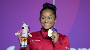 Gold medallist Canada's Lia-Monica Fontaine celebrates after winning the women's vault final of artistic gymnastics at the Commonwealth Games in Glasgow, Scotland, Monday, July 27, 2026. (Kin Cheung/AP)