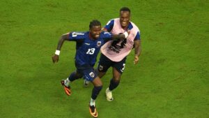 Cape Verde's Sidny Lopes Cabral (13) celebrates with Jovane Cabral (7) after scoring their second goal during the World Cup Round of 32 match against Argentina in Miami Gardens, Fla., Friday, July 3, 2026. (Marta Lavandier/AP)