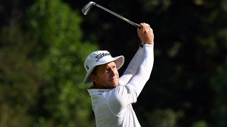 Peter Malnati hits from the 11th tee during the first round of the Rocket Classic at the Detroit Golf Club, Thursday, July 30, 2026, in Detroit. (Jose Juarez/AP)