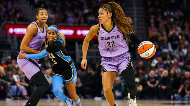 Golden State Valkyries guard Veronica Burton (22) drives the ball downcourt against the Atlanta Dream during the first half of a WNBA basketball game in San Francisco, Friday, June 26, 2026. (Yalonda M. James/San Francisco Chronicle via AP)