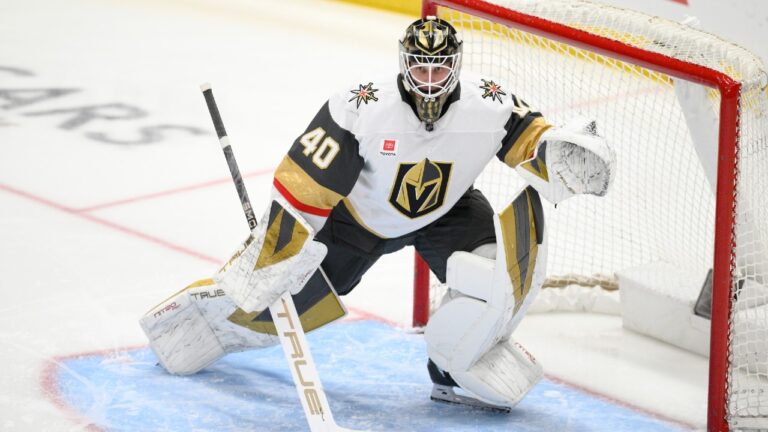 Vegas Golden Knights goaltender Akira Schmid (40) in action during the third period of an NHL hockey game against the Washington Capitals, Friday, Feb. 27, 2026, in Washington. (Nick Wass/AP)