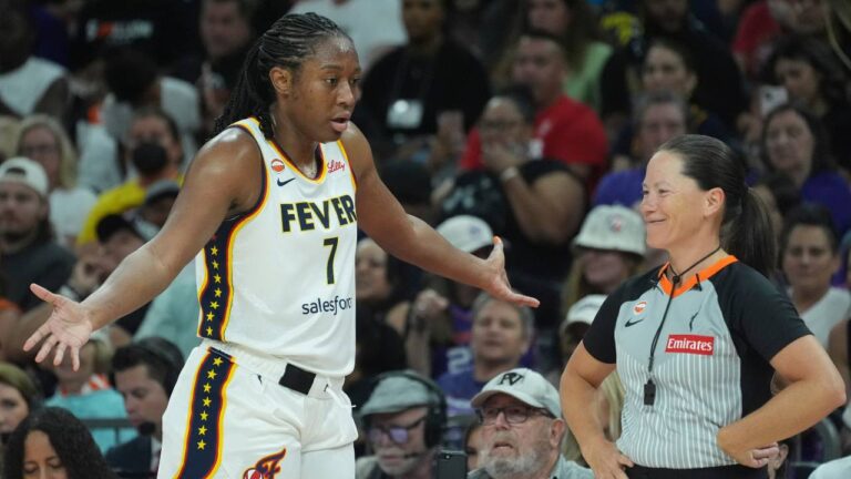 Indiana Fever center-forward Aliyah Boston (7) argues with a referee during the second half of a WNBA basketball game against the Phoenix Mercury, Thursday, July 9, 2026, in Phoenix. (Ross D. Franklin/AP)
