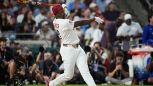 St. Louis Cardinals' Jordan Walker follows through on a swing as he competes during the MLB baseball All-Star Home Run Derby, Monday, July 13, 2026, in Philadelphia. (AP Photo/Matt Slocum)