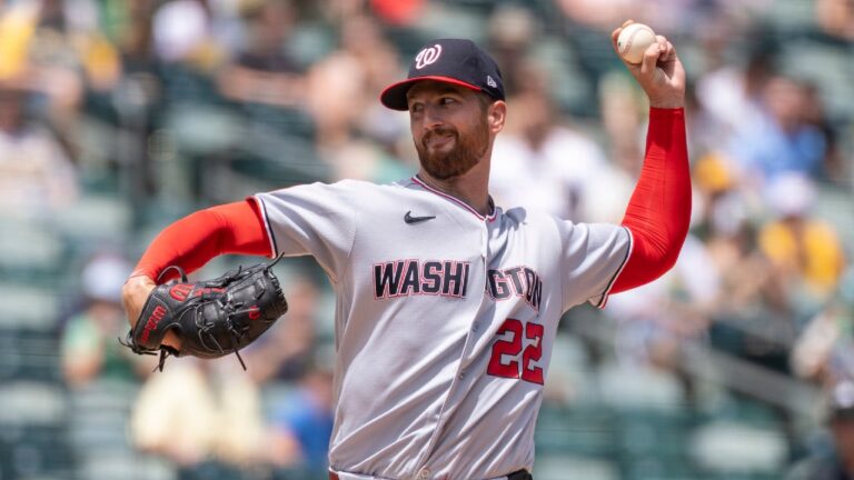 Washington Nationals pitcher Foster Griffin throws to the Athletics during the first inning of a baseball game Sunday, July 19, 2026, in West Sacramento, Calif. (Sara Nevis/AP)