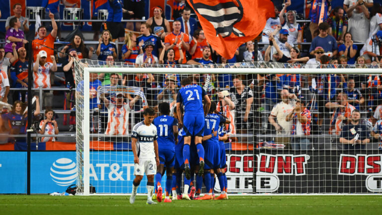 FC Cincinnati celebrate a goal scored by Pavel Bucha during the second half of an MLS soccer match against Vancouver Whitecaps FC in Cincinnati, Wednesday, July 22, 2026. (Ben Jackson/AP)
