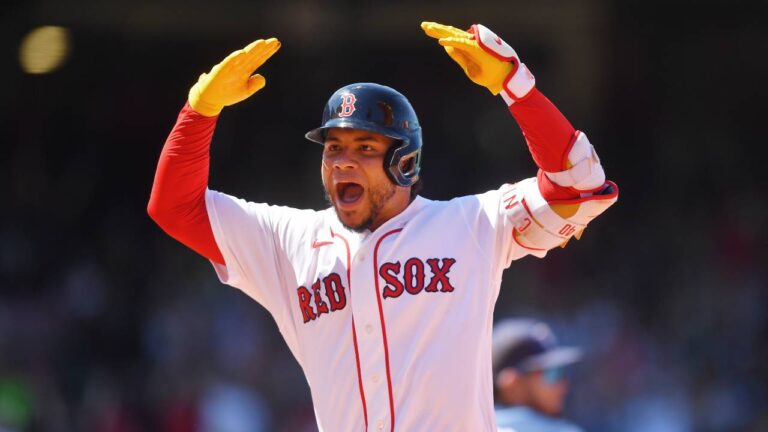 Boston Red Sox's Wilson Contreras celebrates after his two-run home run as he runs the bases in the fifth inning of a baseball game against the Tampa Bay Rays, Sunday, July 19, 2026, in Boston. (Steven Senne/AP)