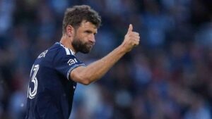 Vancouver Whitecaps' Thomas Muller celebrates his goal during the second half of a Canadian Championship quarterfinal soccer match against Cavalry FC, in Burnaby, B.C., on Wednesday, July 8, 2026. (Darryl Dyck/CP)