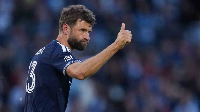 Vancouver Whitecaps' Thomas Muller celebrates his goal during the second half of a Canadian Championship quarterfinal soccer match against Cavalry FC, in Burnaby, B.C., on Wednesday, July 8, 2026. (Darryl Dyck/CP)