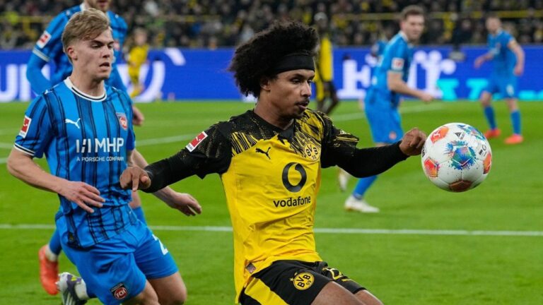 Dortmund's Karim Adeyemi controls the ball during the German Bundesliga soccer match between Borussia Dortmund and FC Heidenheim in Dortmund, Germany, on Feb. 1, 2026. (Martin Meissner/AP)