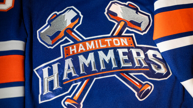 The AHL's Hamilton Hammers inaugural season jersey is pictured on display during an event at TD Coliseum in Hamilton, Tuesday, July 7, 2026. (Nick Iwanyshyn/CP)