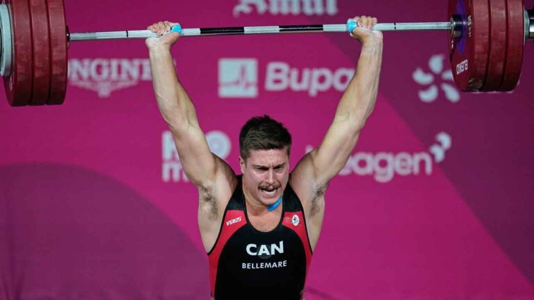 Alex Bellemarre of Canada competes in the men's 94 kilogram weightlifting during the Commonwealth Games in Glasgow, Scotland. (Manish Swarup/AP)