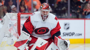 Carolina Hurricanes' Frederik Andersen plays during Game 3 in the second round of the NHL hockey Stanley Cup playoffs Thursday, May 7, 2026, in Philadelphia. (Matt Slocum/AP)