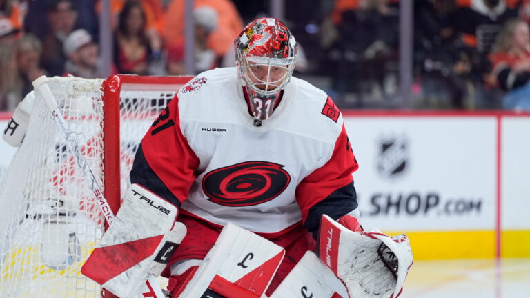 Carolina Hurricanes' Frederik Andersen plays during Game 3 in the second round of the NHL Stanley Cup playoffs Thursday, May 7, 2026, in Philadelphia. (Matt Slocum/AP)