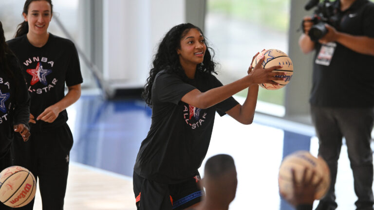 WNBA All Star Angel Reese shoots during practice at the Obama Presidential Center in Chicago, Friday, July 24, 2026. (Paul Beaty/AP)