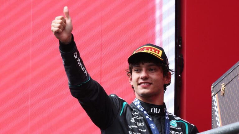 Mercedes driver Andrea Kimi Antonelli of Italy celebrates on the podium after winning the Formula One Grand Prix at the Spa-Francorchamps racetrack in Spa, Belgium, Sunday, July 19, 2026. (Omar Havana/AP)