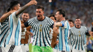 Argentina's Lionel Messi, right, celebrates with Cristian Romero and others after Cape Verde's Diney Borges (3) scored an own goal during the World Cup round of 32 soccer match in Miami Gardens, Fla., Friday, July 3, 2026. (Rebecca Blackwell/AP)