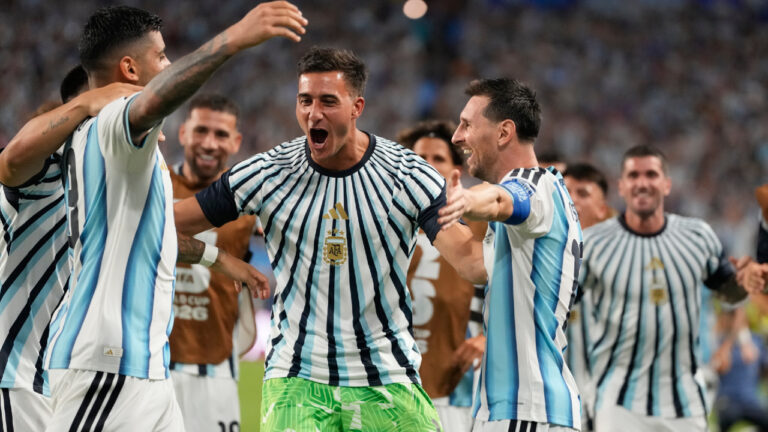 Argentina's Lionel Messi, right, celebrates with Cristian Romero and others after Cape Verde's Diney Borges (3) scored an own goal during the World Cup round of 32 soccer match in Miami Gardens, Fla., Friday, July 3, 2026. (Rebecca Blackwell/AP)