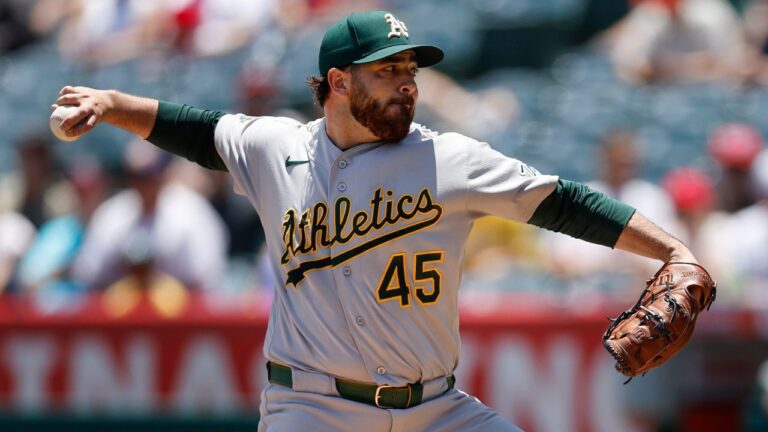 Athletics starting pitcher Aaron Civale throws during the first inning of a baseball game against the Los Angeles Angels, Sunday, June 28, 2026, in Anaheim, Calif. (Caroline Brehman/AP)