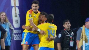 Columbia players celebrate a Jhon Arias goal against Ghana during the World Cup round of 32 soccer match in Kansas City, Mo., Friday, July 3, 2026. (Ed Zurga/AP)