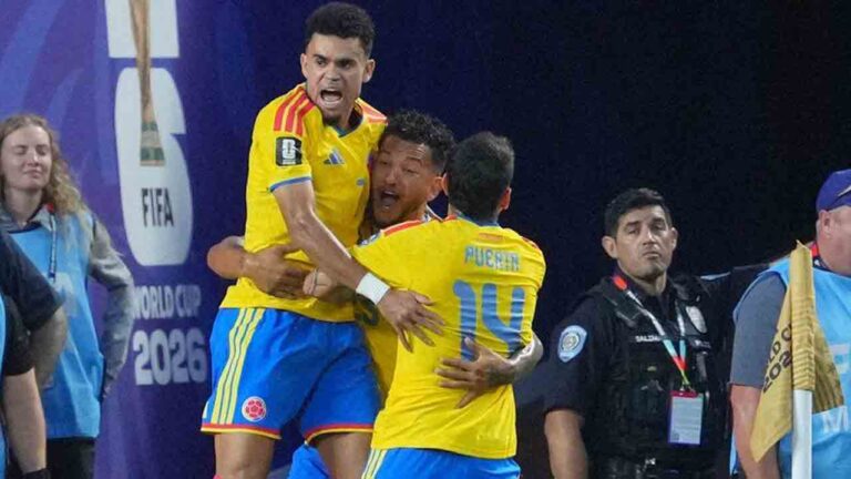Columbia players celebrate a Jhon Arias goal against Ghana during the World Cup round of 32 soccer match in Kansas City, Mo., Friday, July 3, 2026. (Ed Zurga/AP)