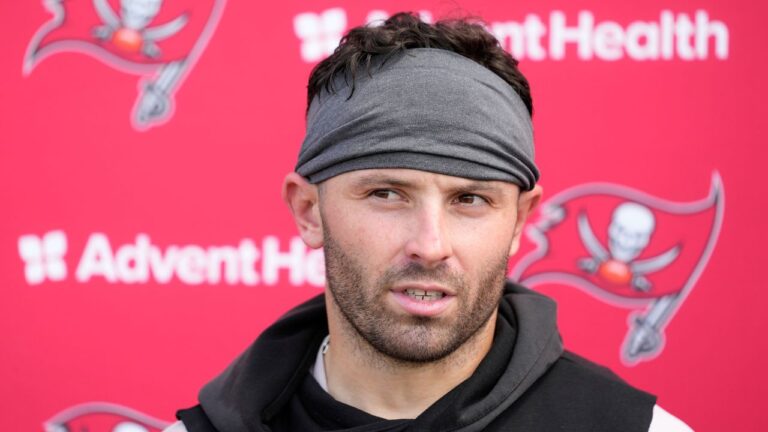 Tampa Bay Buccaneers quarterback Baker Mayfield during an NFL football practice Tuesday, June 16, 2026, in Tampa, Fla. (Chris O'Meara/AP)