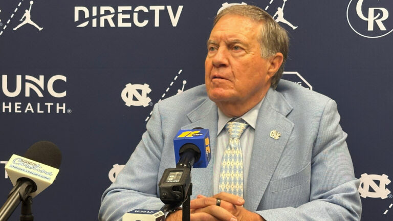 UNC coach Bill Belichick speaks during the ACC Kickoff preseason NCAA College football media day on Friday, July 17, 2026 in Charlotte, N.C. (Aaron Beard/AP)