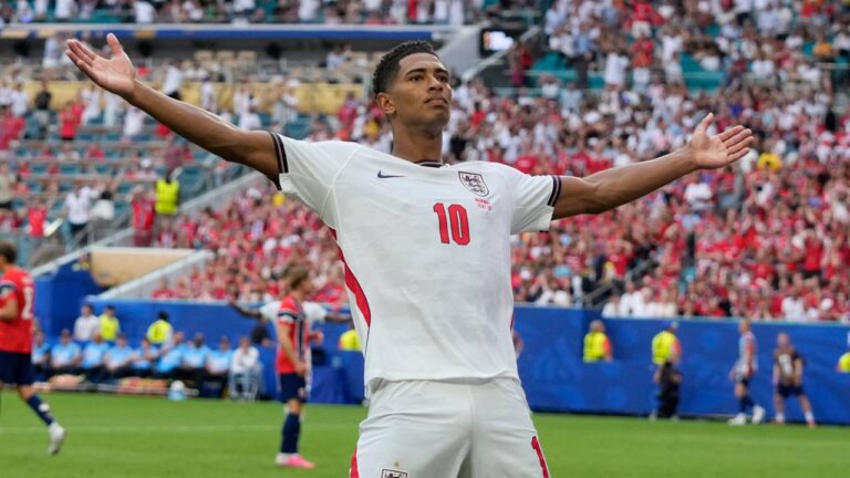 England's Jude Bellingham celebrates after scoring his side's second goal against Norway during the World Cup quarterfinal soccer match in Miami Gardens, Fla., Saturday, July 11, 2026. (Lynne Sladky/AP)
