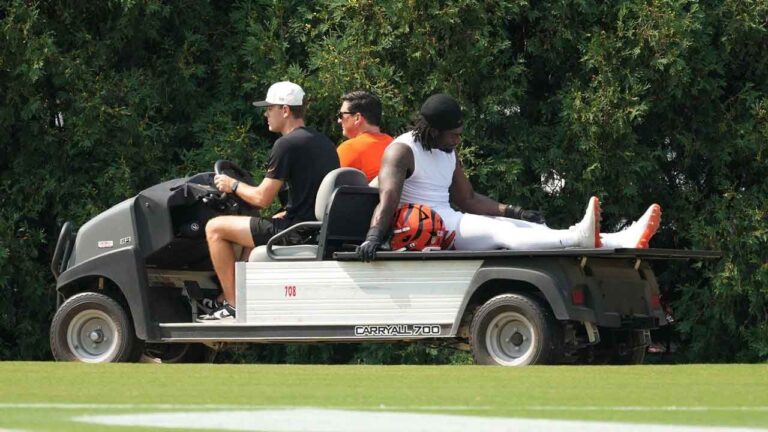 Cincinnati Bengals defensive tackle Shemar Stewart (94) is carted off the field after suffering an injury during practice at the team's NFL football training. (Kareem Elgazzar/AP)