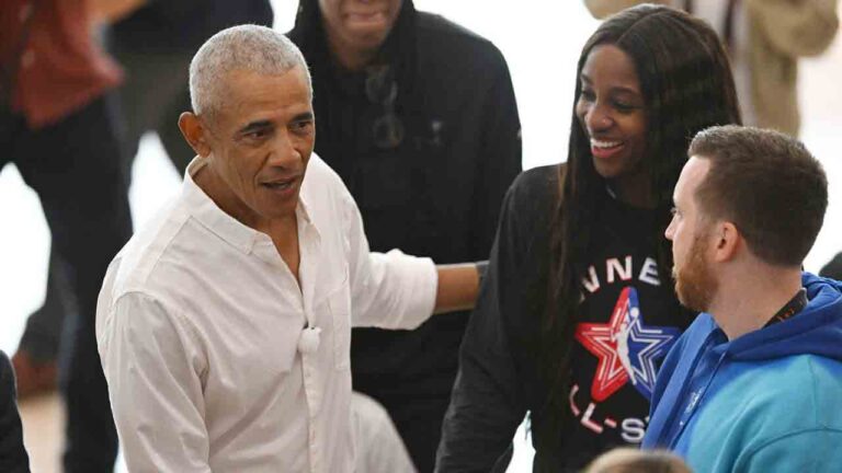Former President Barack Obama, left, jokes around with WNBA All-Star Jackie Young, right, during a practice at the Obama Presidential Center in Chicago, Friday, July 24, 2026. (Paul Beaty/AP)