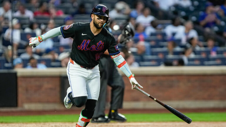 New York Mets' Bo Bichette runs to first base during the fourth inning of a baseball game against the Atlanta Braves Wednesday, July 29, 2026, in New York (Eduardo Munoz Alvarez/AP)
