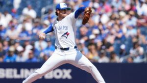 Toronto Blue Jays pitcher Shane Bieber pitches against the Tampa Bay Rays during first inning MLB baseball action in Toronto on Thursday, July 23, 2026. (Nathan Denette/THE CANADIAN PRESS)