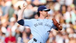 Toronto Blue Jays pitcher Shane Bieber works against the San Diego Padres in the first inning of a baseball game Friday, July 10, 2026, in San Diego. (Derrick Tuskan/AP Photo)