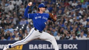 Toronto Blue Jays starting pitcher Shane Bieber (57) throws to a Chicago White Sox batter during first inning MLB baseball action in Toronto, Saturday, July 18, 2026. (Jon Blacker/CP)