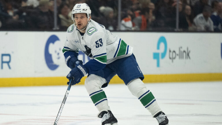 Vancouver Canucks centre Teddy Blueger (53) skates during an NHL hockey game against the Anaheim Ducks, Thursday, Feb. 27, 2025, in Anaheim, Calif. (Kyusung Gong/AP)