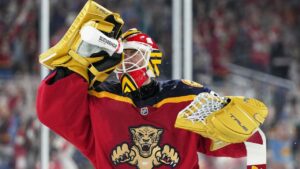 Florida Panthers goaltender Sergei Bobrovsky sprays water on his face during the second period of the NHL Winter Classic outdoor hockey game against the New York Rangers, Friday, Jan. 2, 2026, in Miami. (Lynne Sladky/AP)