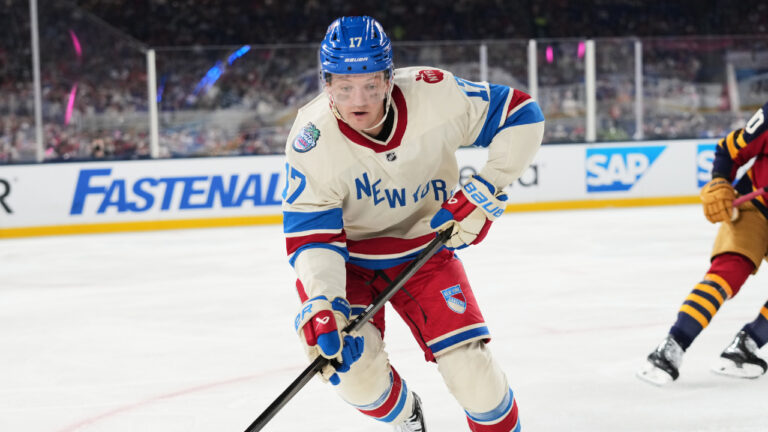 New York Rangers defenceman Will Borgen (17) skates on the ice during the first period of the NHL Winter Classic outdoor hockey game against the Florida Panthers, Friday, Jan. 2, 2026, in Miami. (Lynne Sladky/AP)