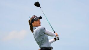 Brooke Henderson, of Canada, hits on the second hole during the final round of the Women's PGA Championship golf tournament at Hazeltine National Golf Club, Sunday, June 28, 2026, in Chaska, Minn. (Matt York/AP)