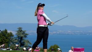 Brooke Henderson, of Canada, plays on the 5th hole during the last round of the Evian Championship women's golf tournament, in Evian, eastern France, Sunday, July 12, 2026. (Laurent Cipriani/AP)