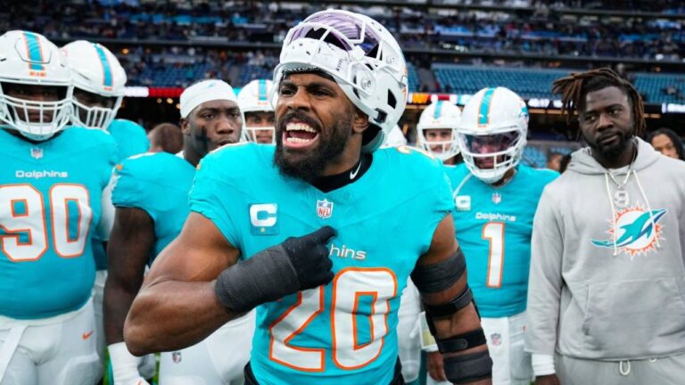 Miami Dolphins linebacker Jordyn Brooks (20) reacts as he warms-up before an NFL football game between the Washington Commanders and the Miami Dolphins in Madrid, Spain, Nov. 16, 2025. (Manu Fernandez/AP)