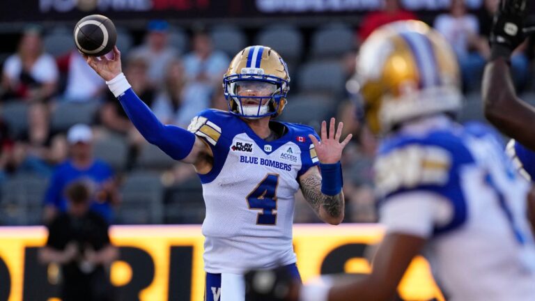 Winnipeg Blue Bombers quarterback Dru Brown (4) throws the ball during first half CFL football action against the Ottawa Redblacks, in Ottawa, Sunday, July 19, 2026. (Justin Tang/THE CANADIAN PRESS)