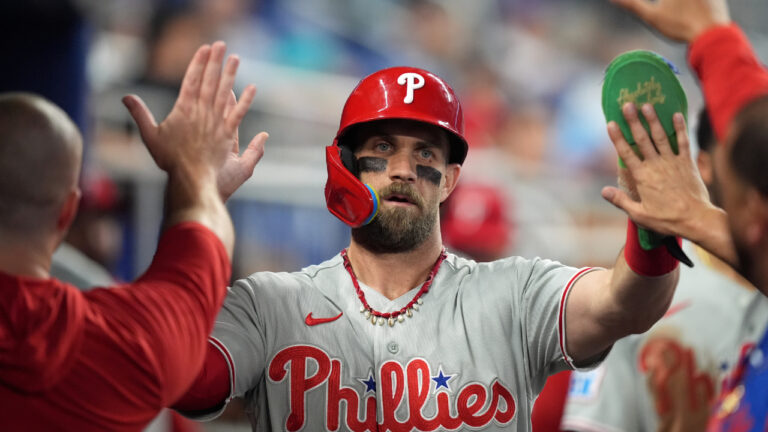 Philadelphia Phillies' Bryce Harper celebrates after running home on a single by Alec Bohm during the fifth inning of a baseball game against the Miami Marlins, Wednesday, July 29, 2026, in Miami. (Rebecca Blackwell/AP)