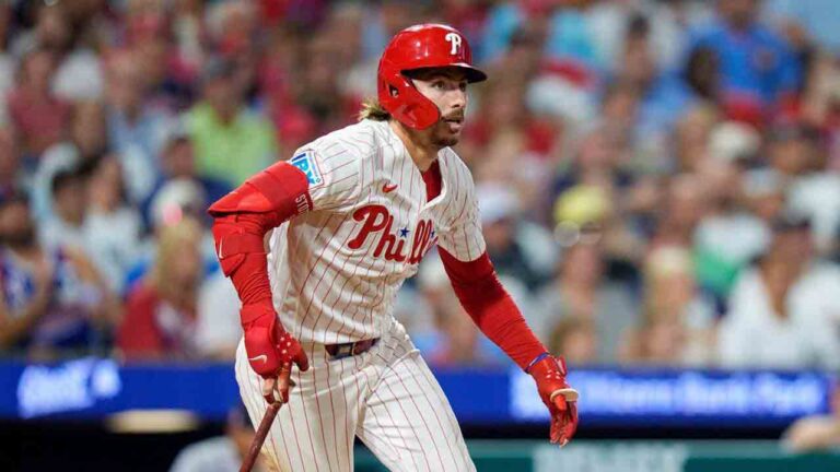 Philadelphia Phillies' Bryson Stott watches his three-run double during the sixth inning of a baseball game against the New York Yankees, Sunday, July 26, 2026, in Philadelphia. (Chris Szagola/AP)