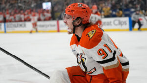 Anaheim Ducks centre Leo Carlsson (91) celebrates after scoring against the Vegas Golden Knights during the third period of Game 2 of a second-round NHL hockey Stanley Cup playoff series Wednesday, May 6, 2026, in Las Vegas. (John Locher/AP)