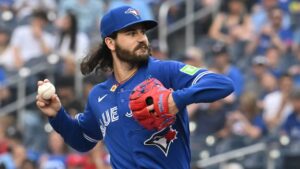 Toronto Blue Jays pitcher Dylan Cease (84) throws to a Tampa Bay Rays batter during first inning MLB baseball action in Toronto on Monday, July 20, 2026. (Jon Blacker/CP)